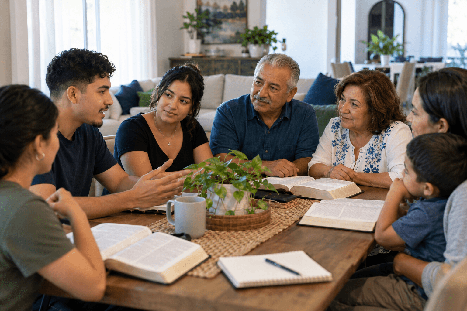 Grupo pequeño estudiando la Biblia y conversando
